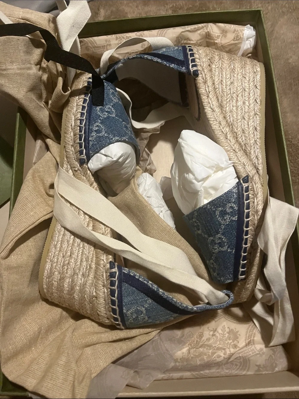 Gucci Blue Denim GG Espadrille Wedge Sandals with Cream Ribbon